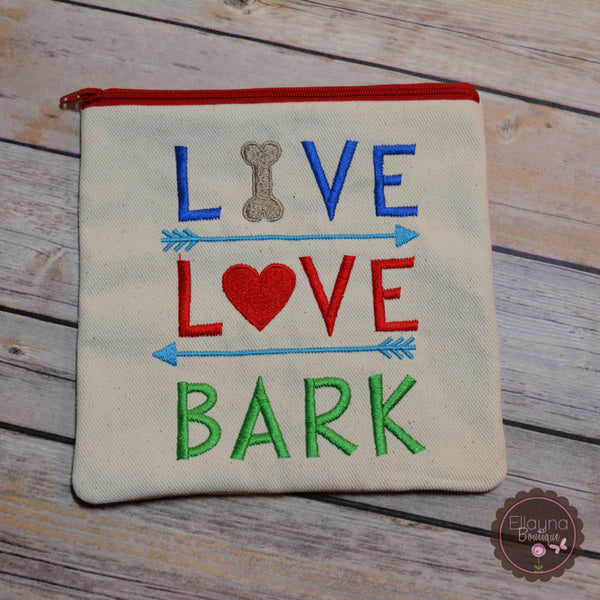 Embroidered Zipper Pouch - Live, Love, Bark