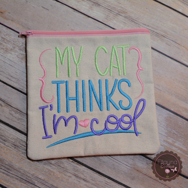 Embroidered Zipper Pouch - My Cat Thinks I'm Cool