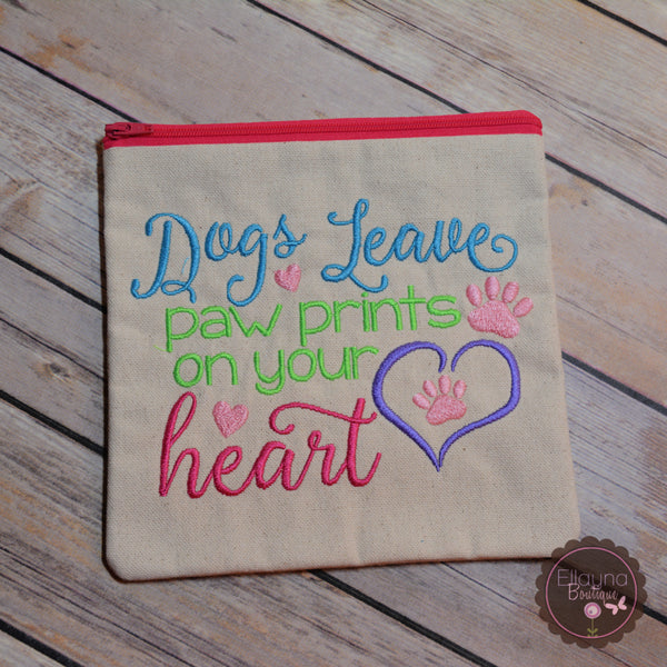 READY TO SHIP - Embroidered Zipper Pouch - Dogs, Paw Prints
