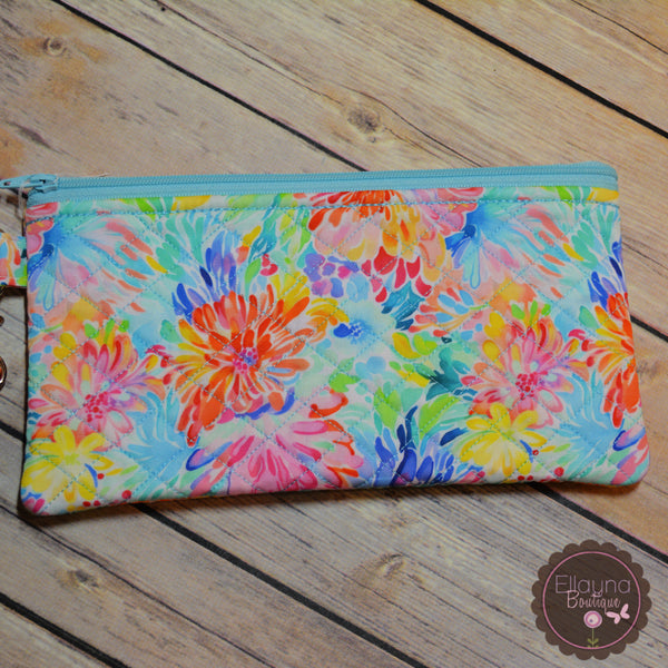 READY TO SHIP!! Med. Quilted Zipper Pouch - Rainbow Floral