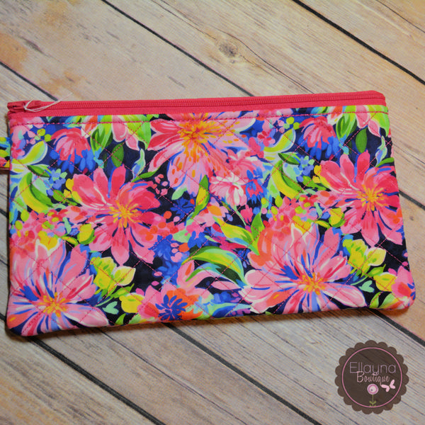READY TO SHIP!! Lg. Quilted Zipper Pouch - Watercolor Floral