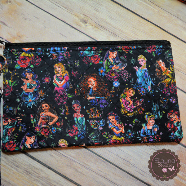 READY TO SHIP!! XL Quilted Zipper Pouch - Princesses